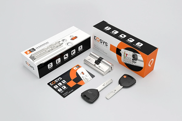 EOSYS light customization solution with branded lock cylinder packaging and key presentation