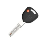 Modern high-security key with black head and orange dot.