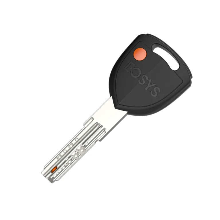 Modern high-security key with black head and orange dot.