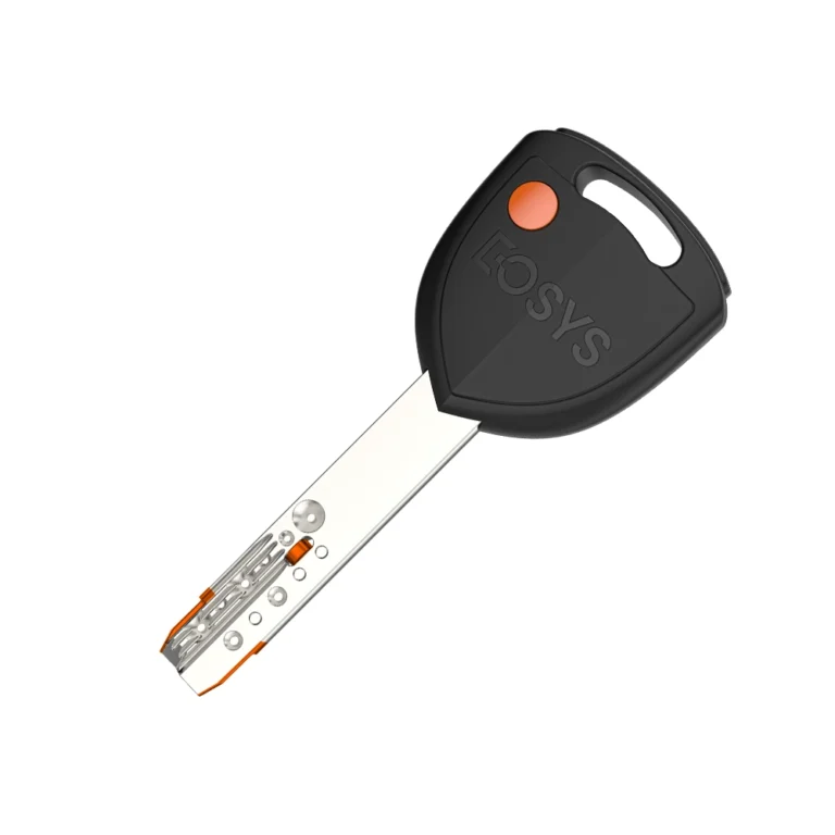 Modern high-security key with black head and intricate blade design.